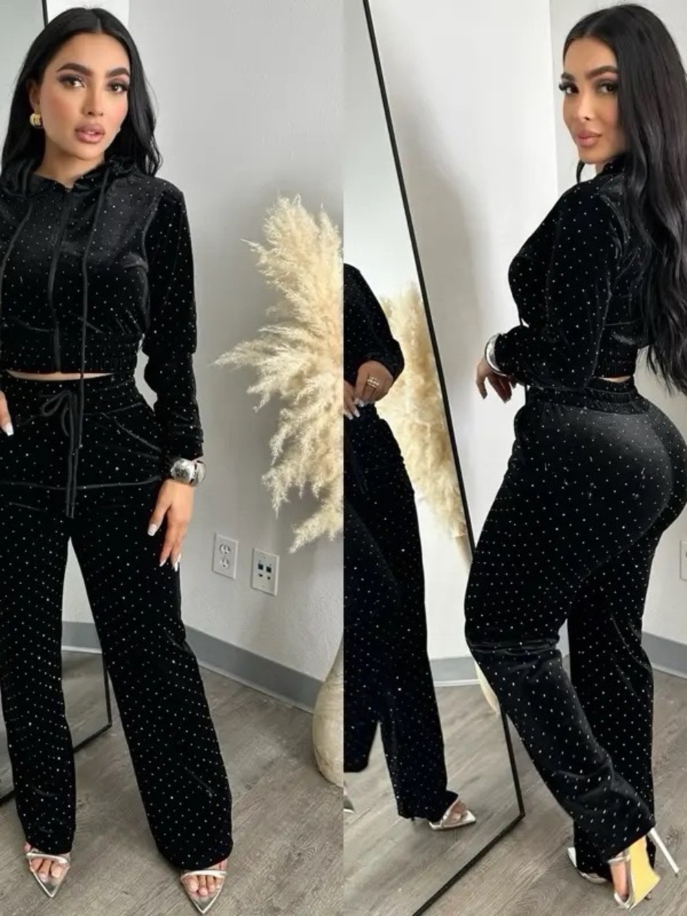 Black Crystal-Studded Wide Leg Velvet Pants by